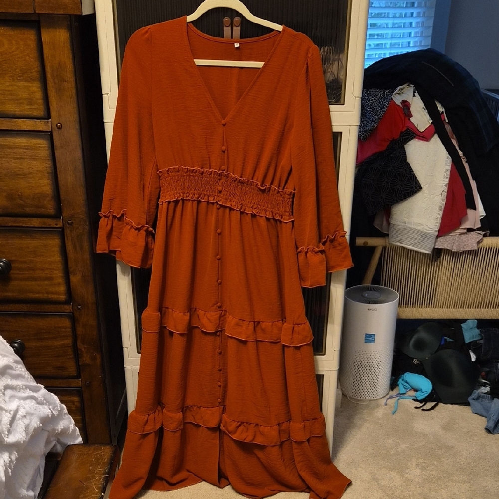 Rust Orange Button-Down Maxi Dress